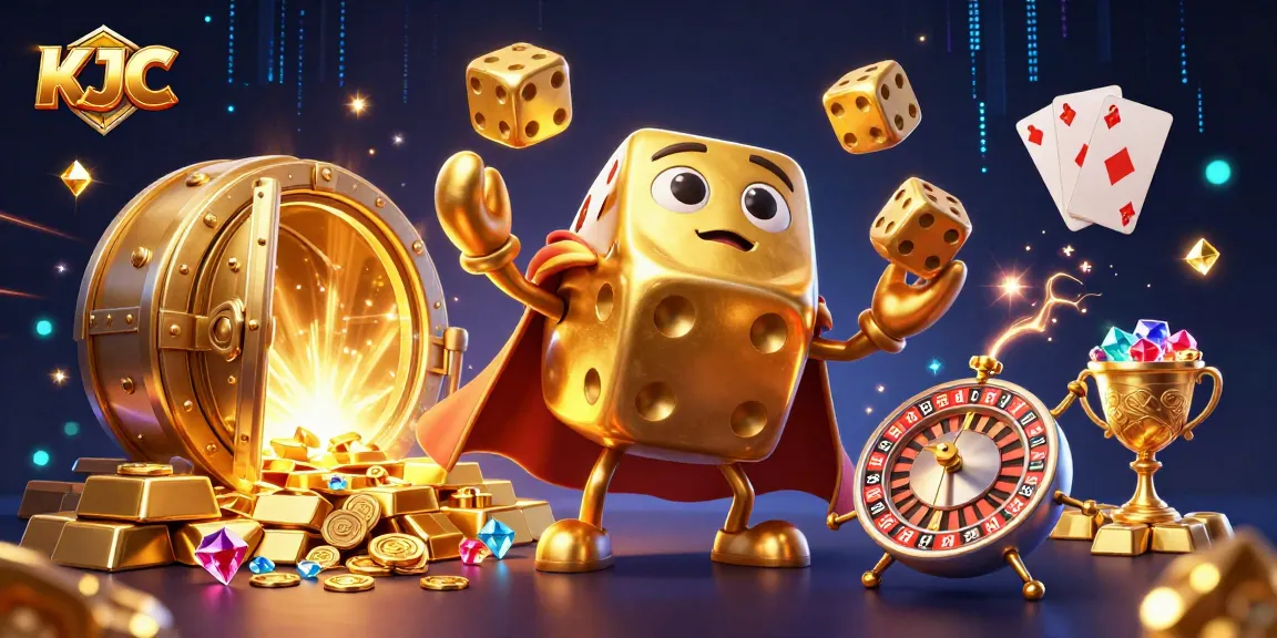 KJC's captivating golden dice golem juggles in a glittering casino treasure scene filled with gems.