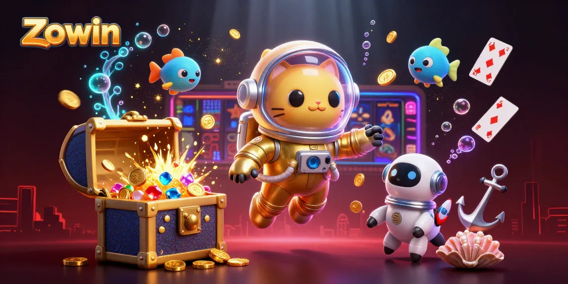 Play exciting games at Zowin with an astronaut cat and dragon fish in a vibrant casino scene.