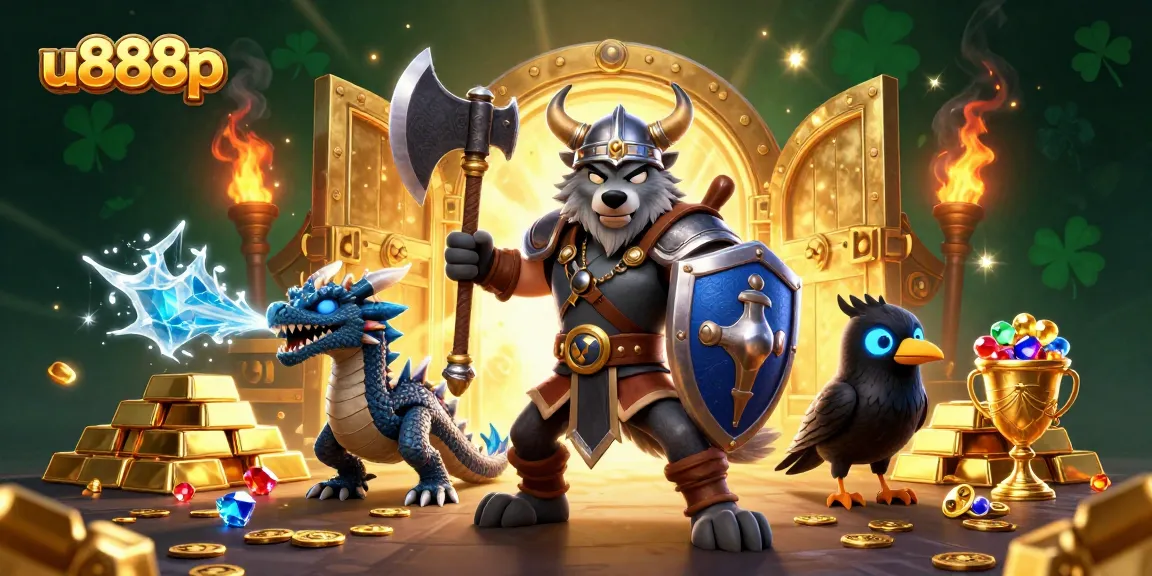 Engage in thrilling gameplay with u888p's Viking warrior, fierce dragon, and glowing treasures.