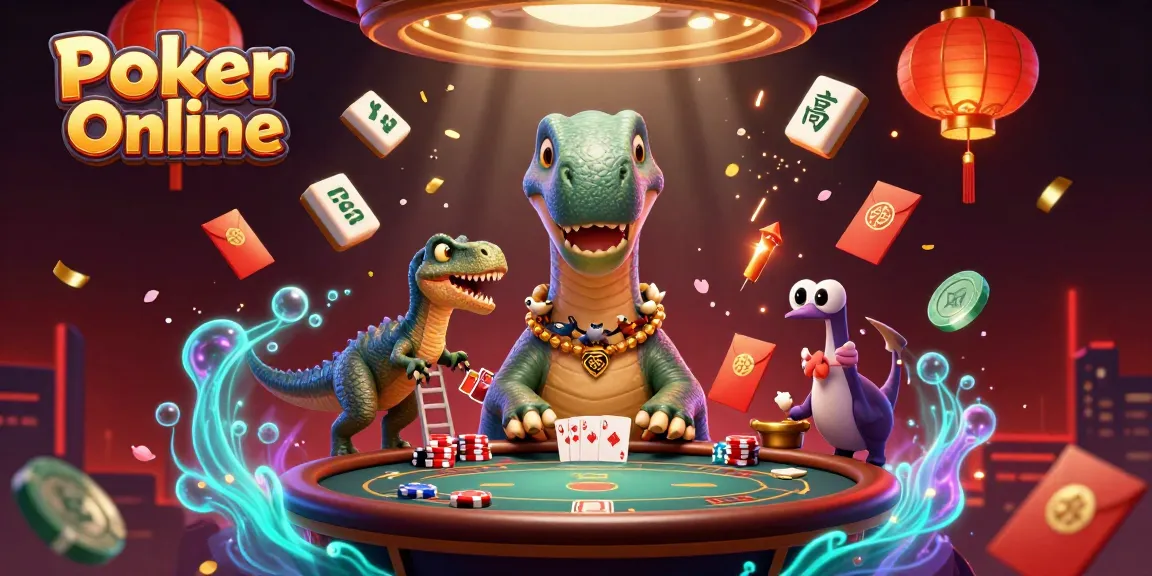 Engage with Poker Online like never before in this vibrant casino scene featuring a brontosaurus and a clever raptor.