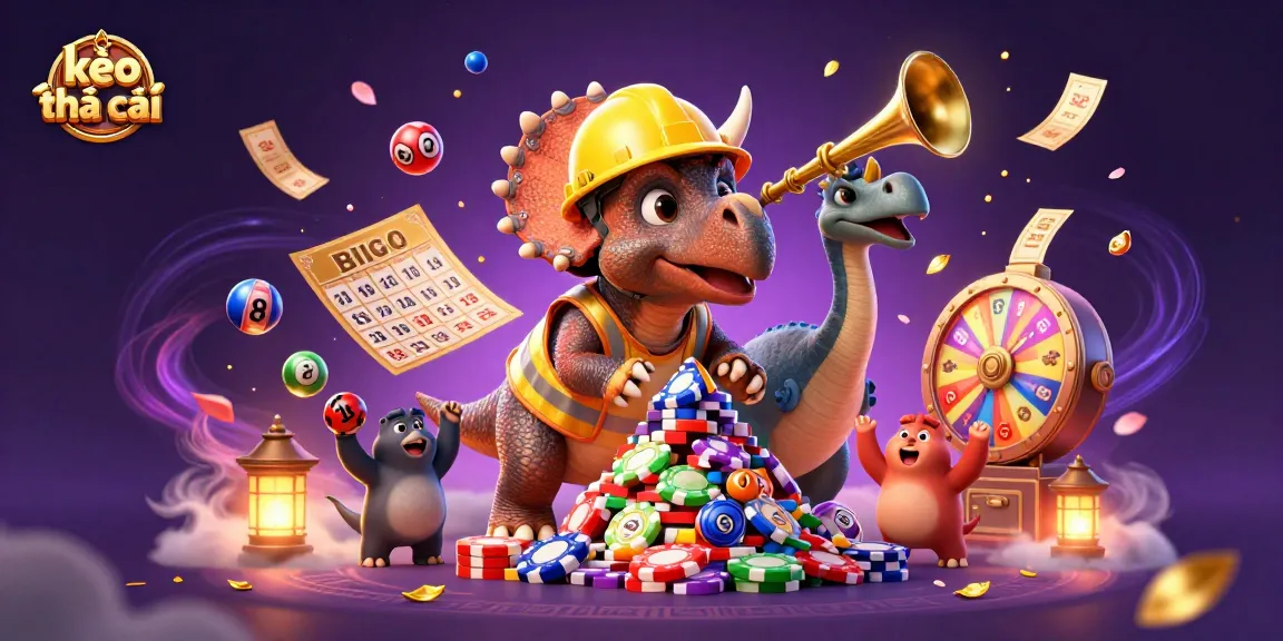 Engage with kèo nhà cái as cartoon dinosaurs celebrate in a vibrant, gambling-themed illustration.