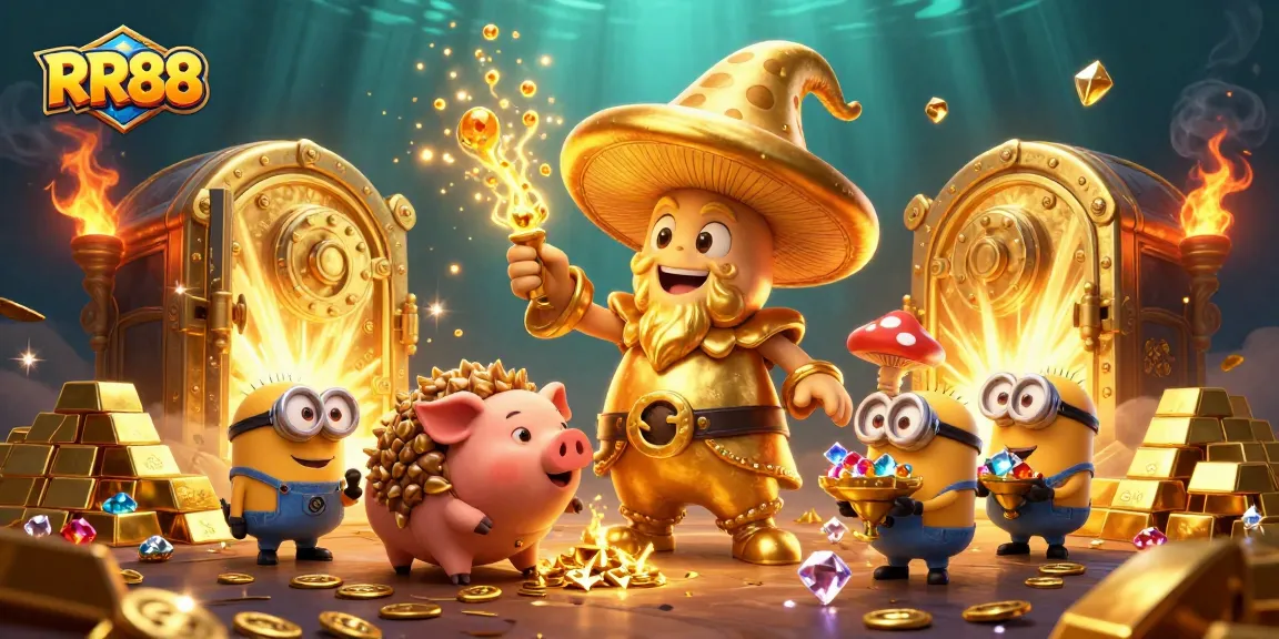 Experience winning magic with RR88's golden treasures and enchanting characters in a vibrant casino illustration.