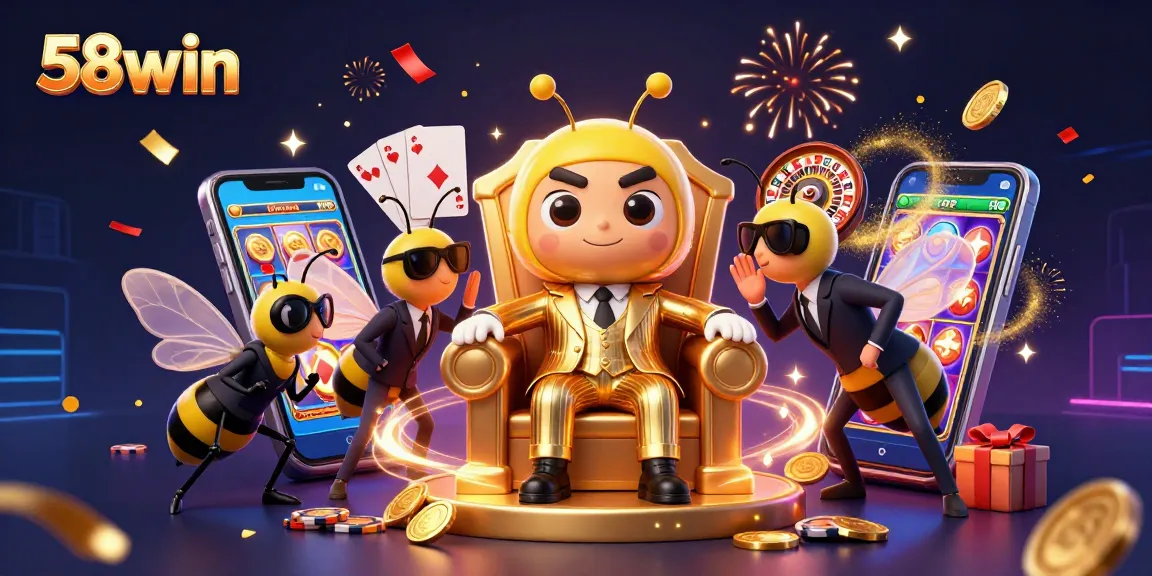 Engage with 58win's casino adventure featuring a bumblebee mob boss amidst vibrant games and thrilling elements.
