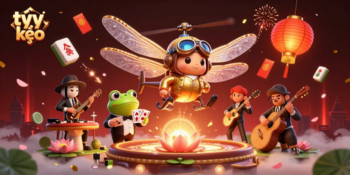 Engaging scene featuring tỷ lệ kèo with dragonfly pilot, frog croupier, and jazz musicians at a lily pad casino.