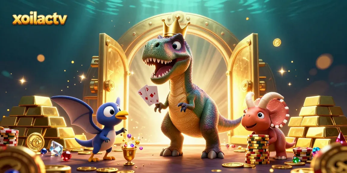 Join the fun with xoilactv as a dinosaur shuffles cards while a pterodactyl assists and chips stack up!