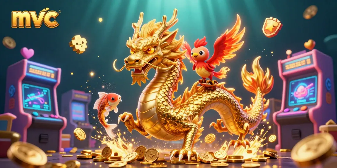 Engage with mvc at a captivating online casino scene featuring a dragon, phoenix, and koi fish.
