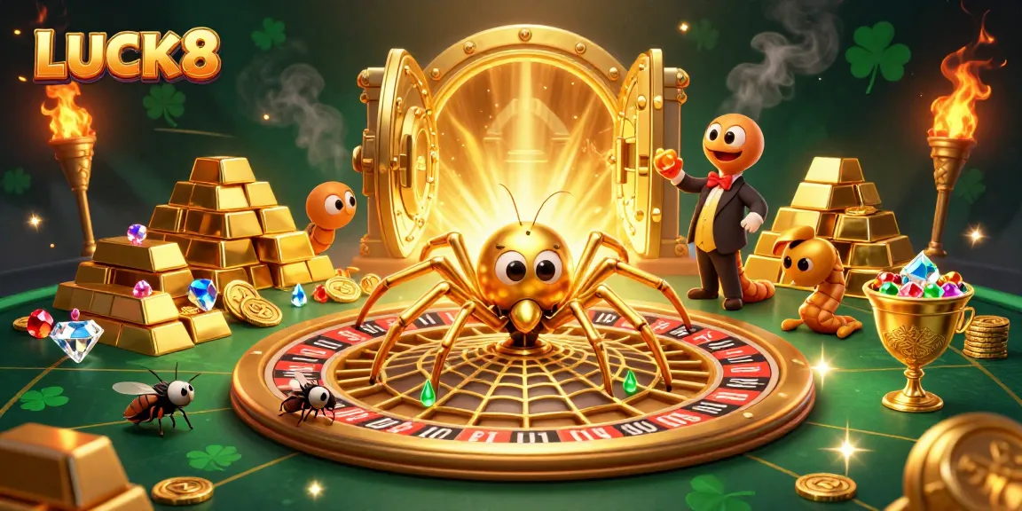 Engage with LUCK8 at a vibrant casino scene featuring a golden spider, roulette wheel, and gold treasures.