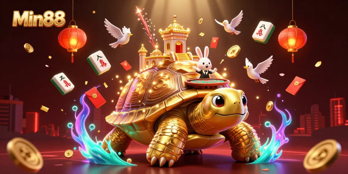 Engage with Min88 in a vibrant casino scene featuring a golden tortoise and exciting game elements.