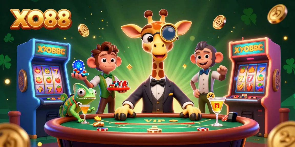 Immerse in the vibrant world of XO88 with a high-roller giraffe, as it plays against a backdrop of slot machines and golden coins.