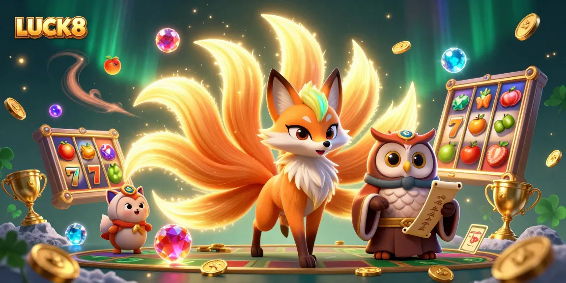 Engage with LUCK8's vibrant 3D illustration showcasing a luck-themed casino adventure with a nine-tailed fox, owl sage, and gaming elements.