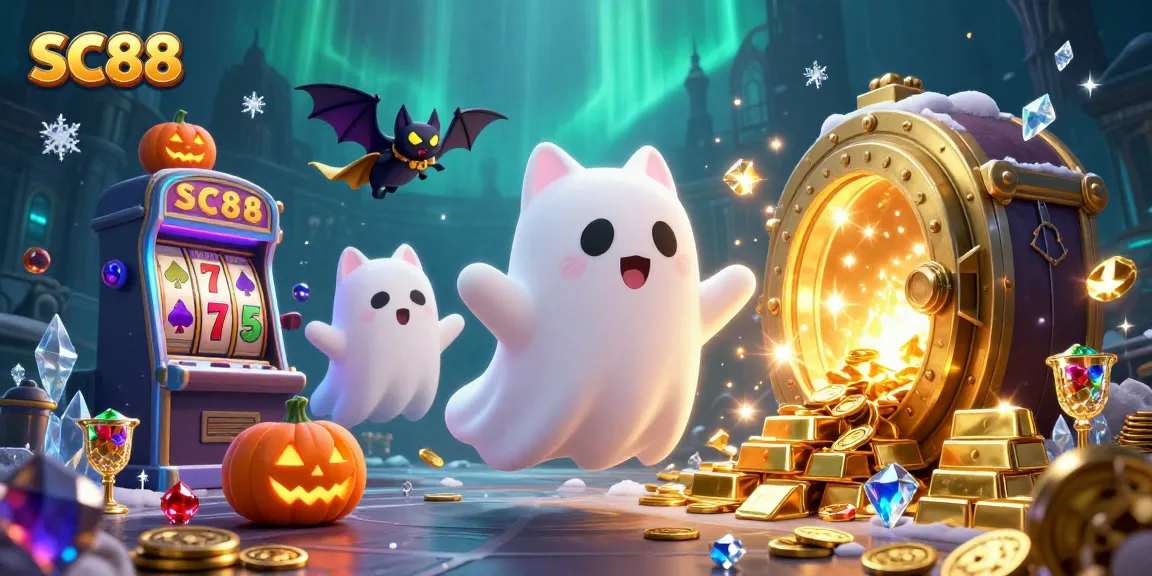 Engage in SC88 thrilling gameplay with a ghost cat, glowing poker jack-o-lanterns amidst dynamic casino elements.
