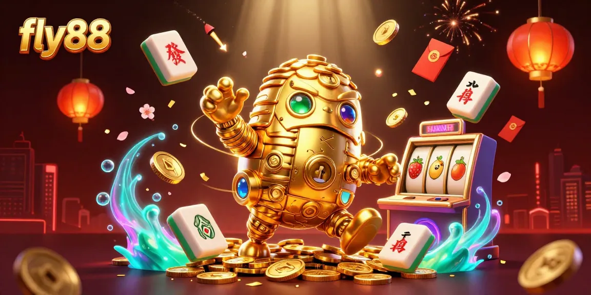 Experience thrilling gameplay at fly88 with the animated golden golem amidst vibrant casino symbols.