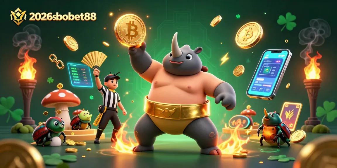 2026sbobet88 depicts a sumo beetle champion in an action pose surrounded by vibrant gambling elements