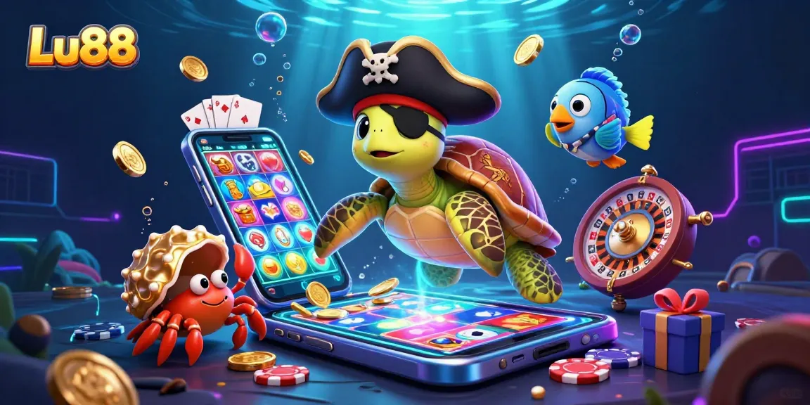 Experience thrilling gaming adventures at Lu88 with a vibrant underwater scene featuring a pirate turtle, treasure, and gaming elements.