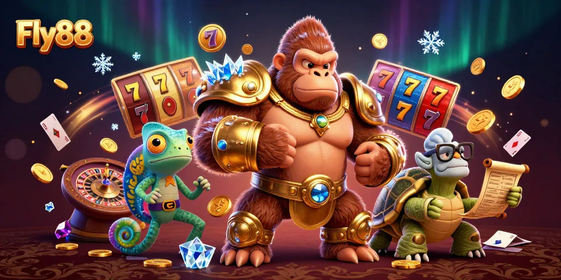 Fly88 showcases an energetic online casino scene with 3D characters and gambling elements.