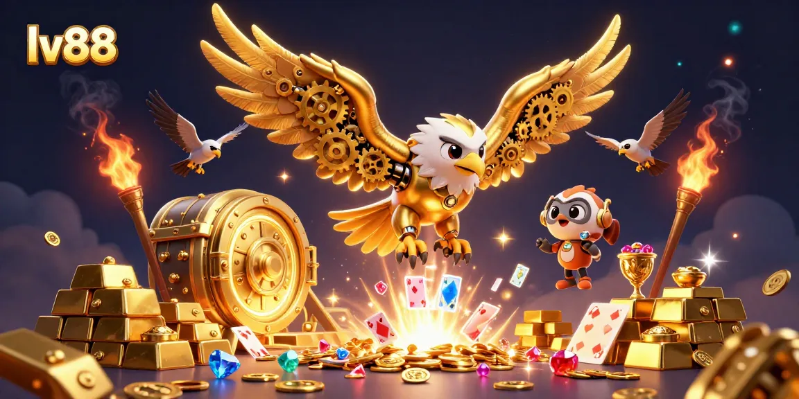 Experience the vibrant energy of lv88, diving into the exciting world of online gambling with a golden eagle amidst rich casino elements.