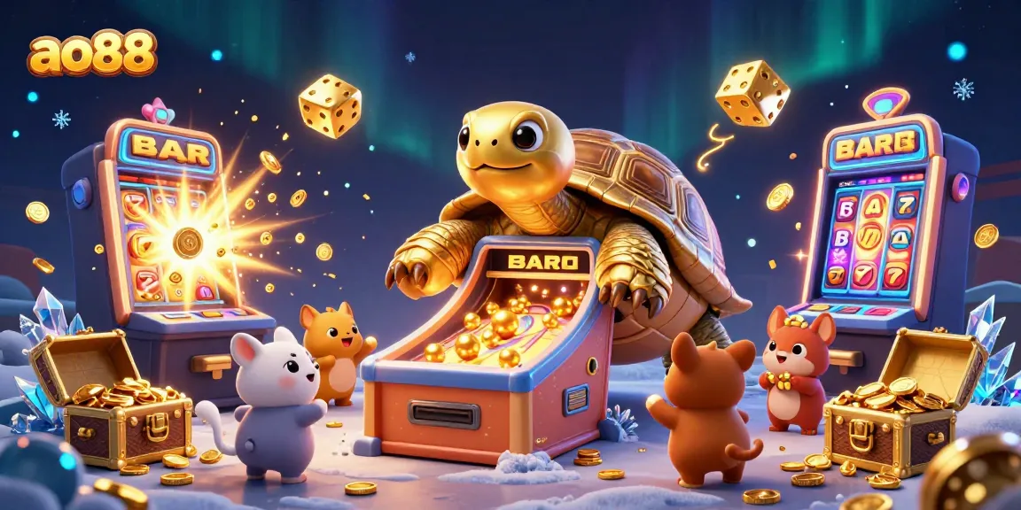 Experience exciting gameplay with ao88 featuring a golden tortoise pinball machine surrounded by casino game elements.