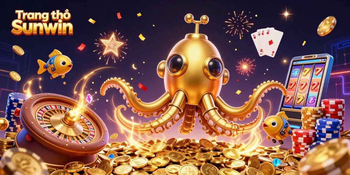 Experience the excitement at Trang chủ Sunwin with a vibrant 3D casino-themed illustration featuring games and festive elements.