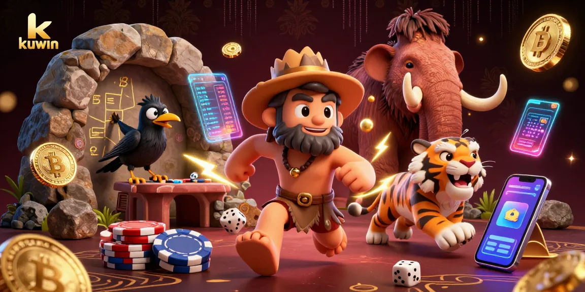 Kuwin's vibrant prehistoric casino featuring a dynamic caveman and sabertooth tiger duo amid floating crypto elements.