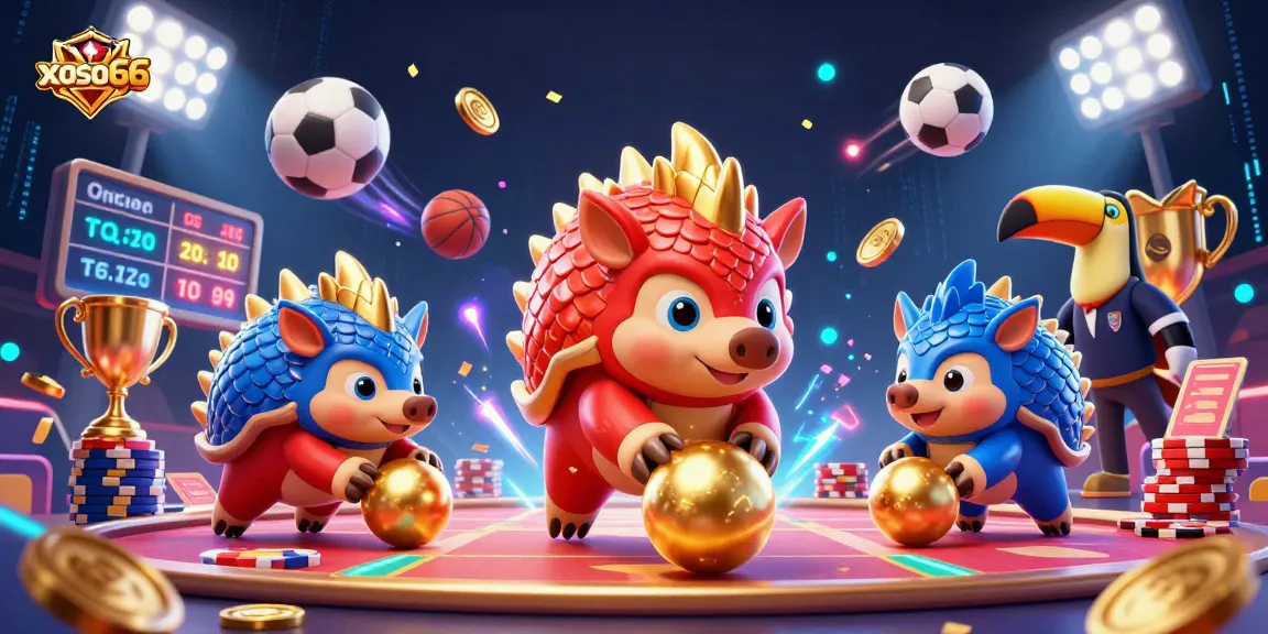xoso66 features a colorful 3D illustration of pangolins in a dynamic gambling scene with sports elements and vibrant effects.
