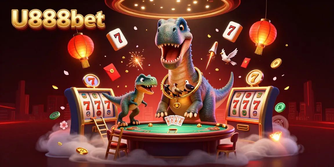 Experience U888bet's thrilling casino atmosphere with a cartoon brontosaurus and a clever raptor dealer.