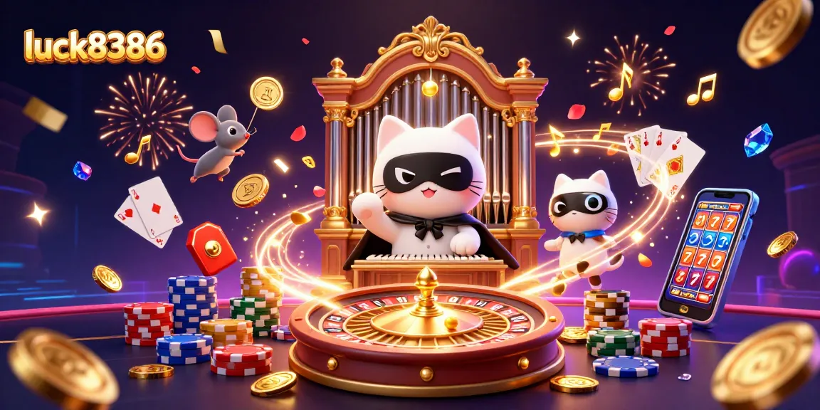 Experience the thrill of luck8386 in this vibrant casino scene with animated characters and game elements.