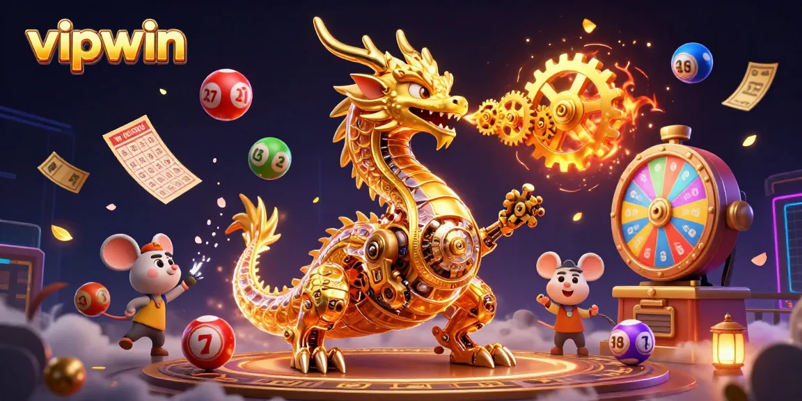 Experience the vibrant action of vipwin with a golden dragon amidst lottery games and glittering prizes.
