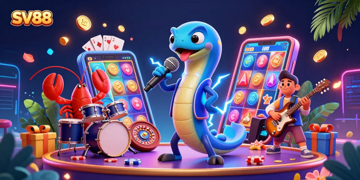 Experience SV88's dynamic casino action with electric eel DJ, lobster drummer, and seahorse guitarist in vivid underwater scene.