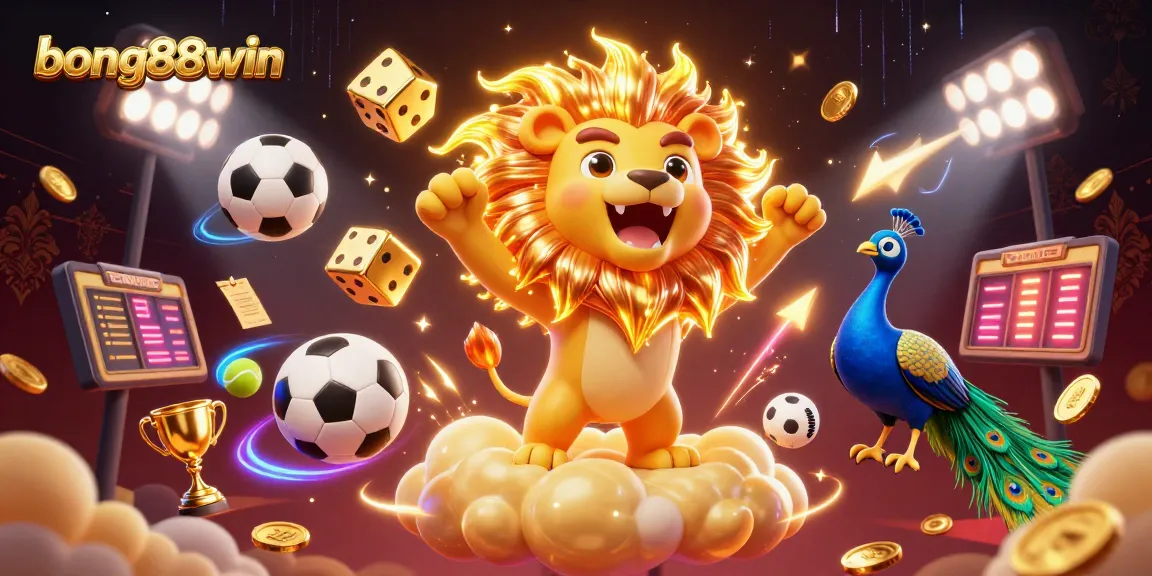 Experience the thrill of bong88win with a vibrant 3D illustration featuring a lion and dynamic gaming elements.