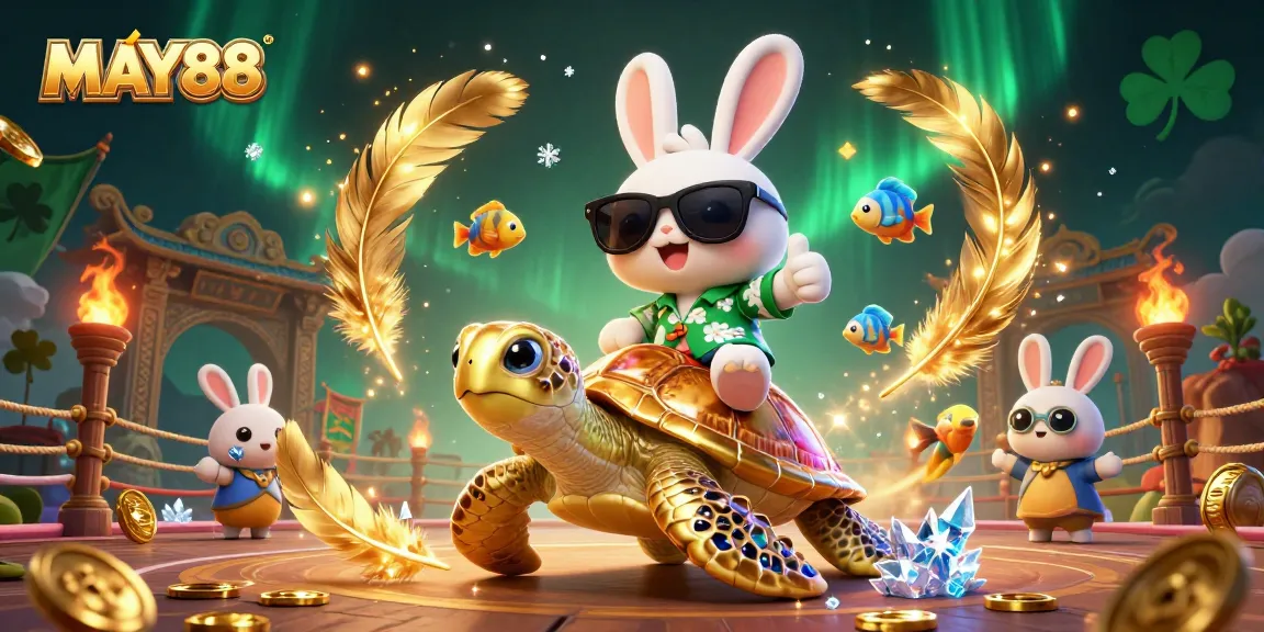 MAY88 ignites excitement with a vibrant 3D scene of a lucky rabbit and golden turtle in an animated casino setting.