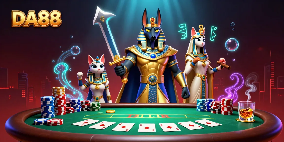 Experience thrilling poker action with DA88 in a vibrant casino scene featuring Anubis and Bastet.