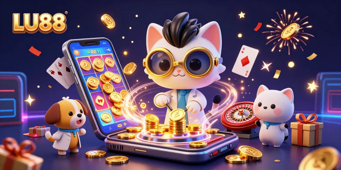 LU88 illustrates a vibrant casino scene with a mad scientist cat and dog amidst golden coins and slot games.
