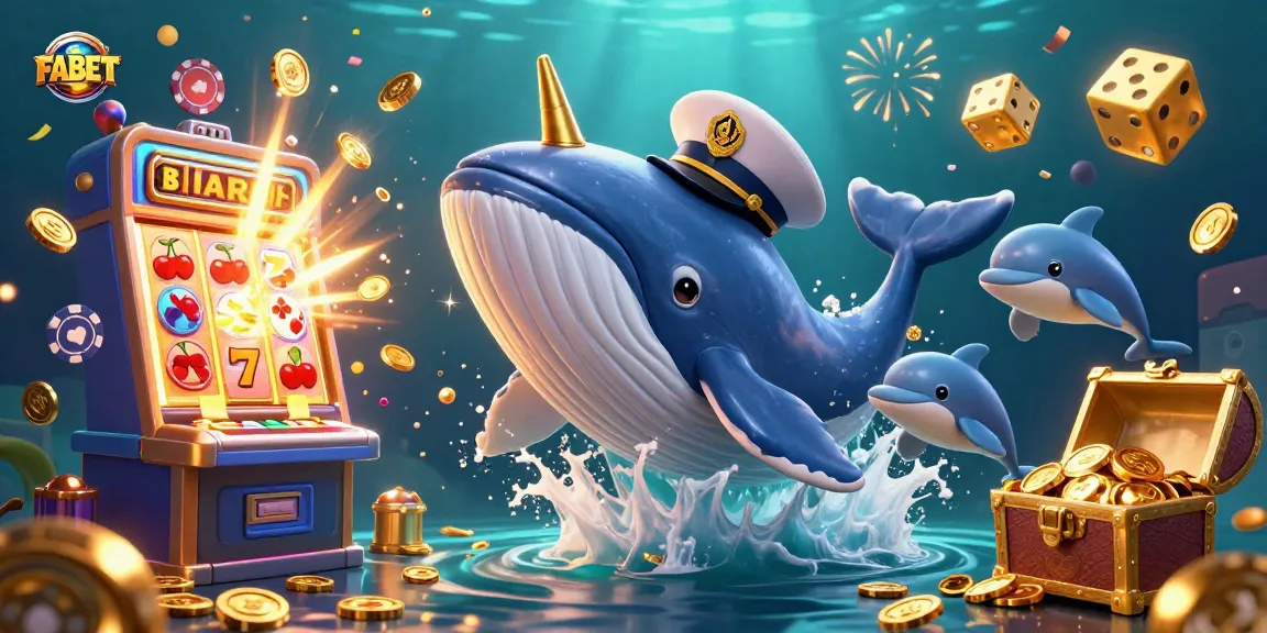 Experience thrilling FABET gaming excitement with whales and dolphins amidst dazzling casino elements.
