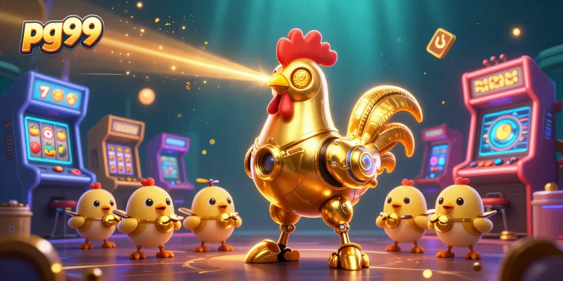 Join the excitement of pg99 with a dynamic 3D casino scene featuring a golden rooster robot and vibrant gaming elements.