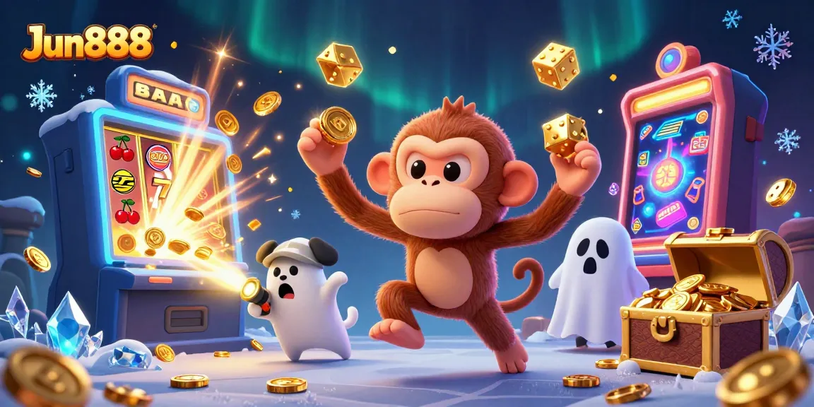 Experience thrilling action at Jun888 with a ghost-hunter puppy tracking a playful poltergeist monkey in an exciting casino.