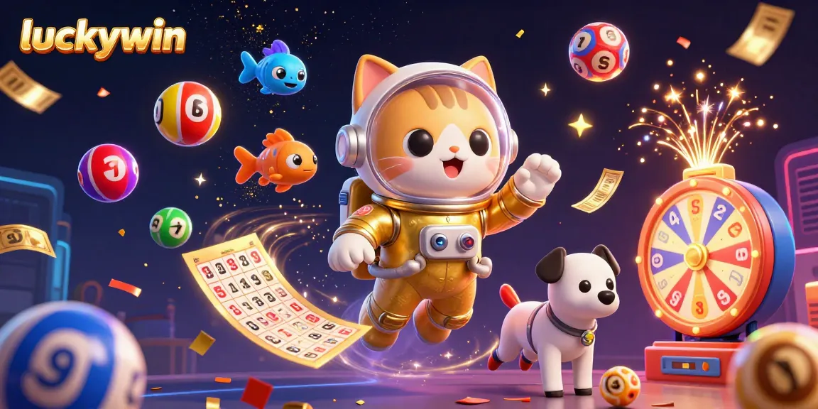 Win with luckywin in an energetic casino scene featuring vibrant slots, bingo cards, and celebratory confetti.