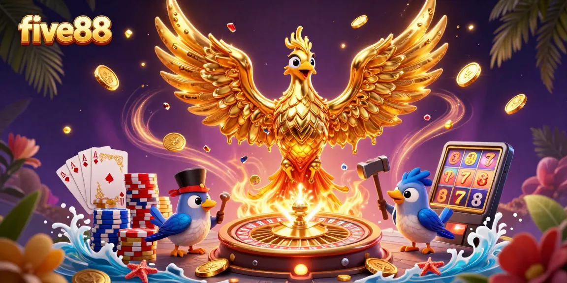 Experience excitement at five88 with a royal flush, golden phoenix, and vibrant casino elements.