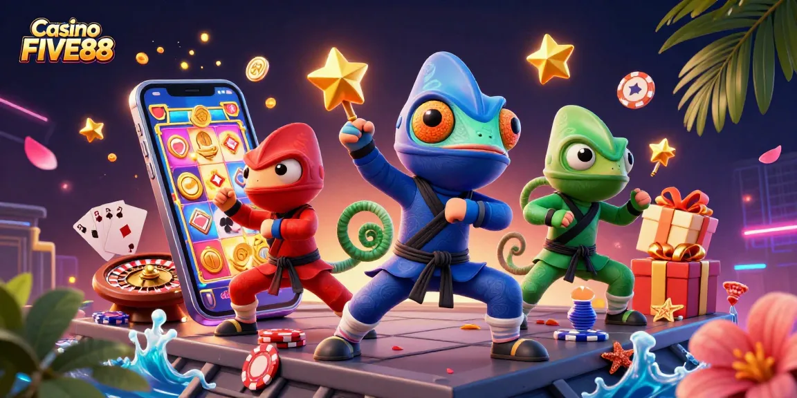 Casino FIVE88 features a dynamic scene with colorful chameleons and exciting gaming elements, promoting engaging experiences.