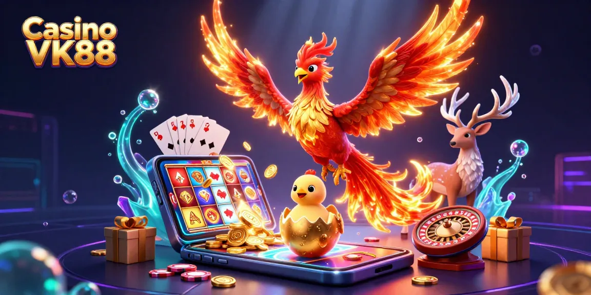 Experience Casino VK88 with a dynamic phoenix scene bursting with gaming excitement and vibrant casino elements.
