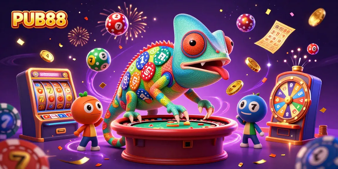 PUB88 showcases an engaging chameleon casino owner with vibrant slot reels and rich colors at the casino.