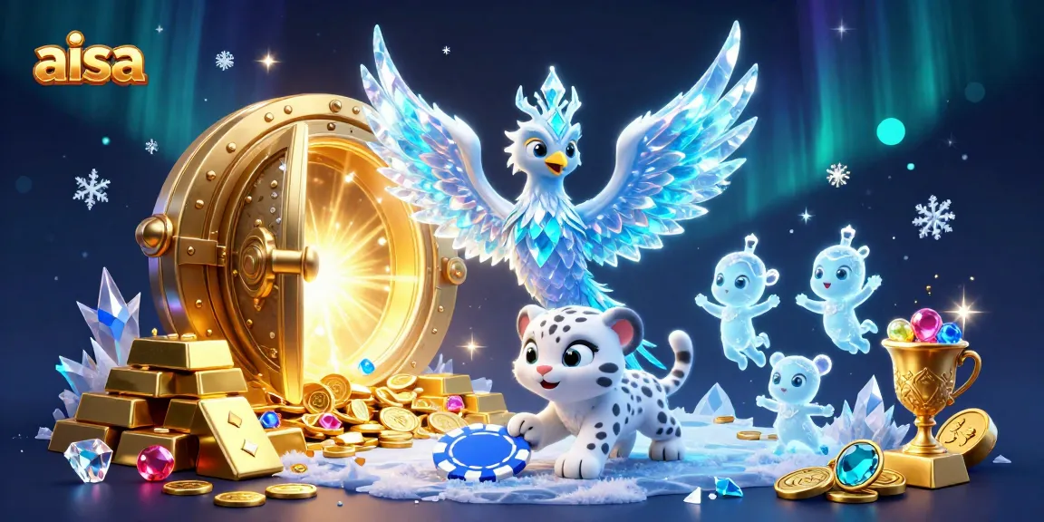 Aisa's vibrant casino scene featuring a phoenix, a snow leopard cub, and magical ice sprites.