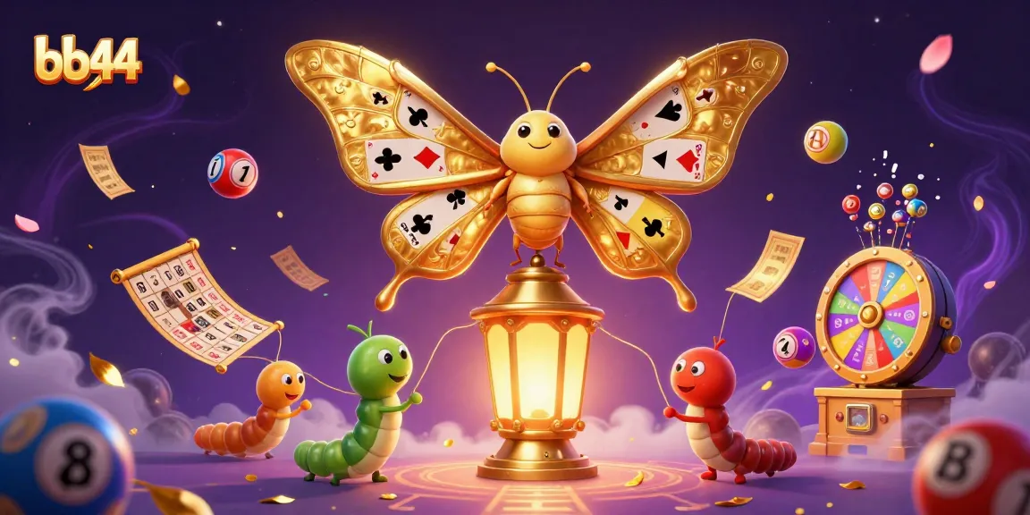 Engage with bb44's vibrant lottery scene featuring lively balls and golden moth characters.