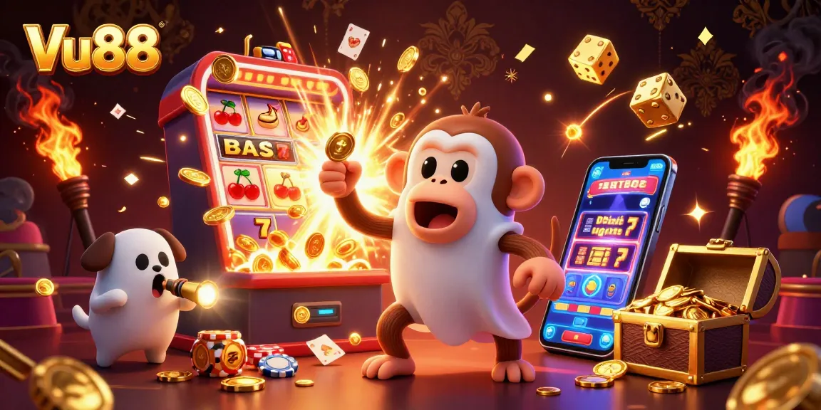 Engage with Vu88's thrilling casino experience featuring a mischievous monkey and golden treasures.