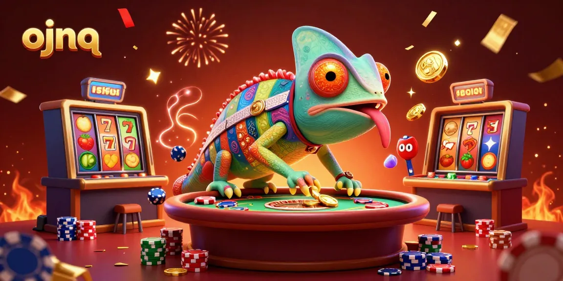 Play thrilling games at ojnq casino, where vibrant chameleon and slot reels create excitement.