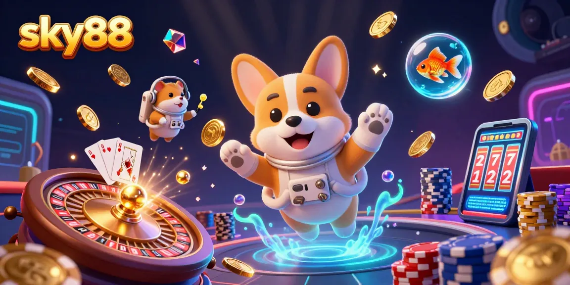 Experience thrilling space casino adventures with sky88, featuring floating characters and vibrant gaming elements.