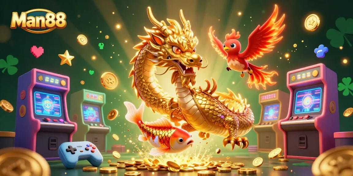 Win big with Man88 in a vibrant 3D casino scene featuring dragons and games!