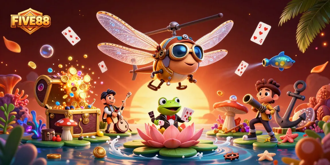 Experience the vibrant world of FIVE88 with a lively casino scene featuring unique characters.