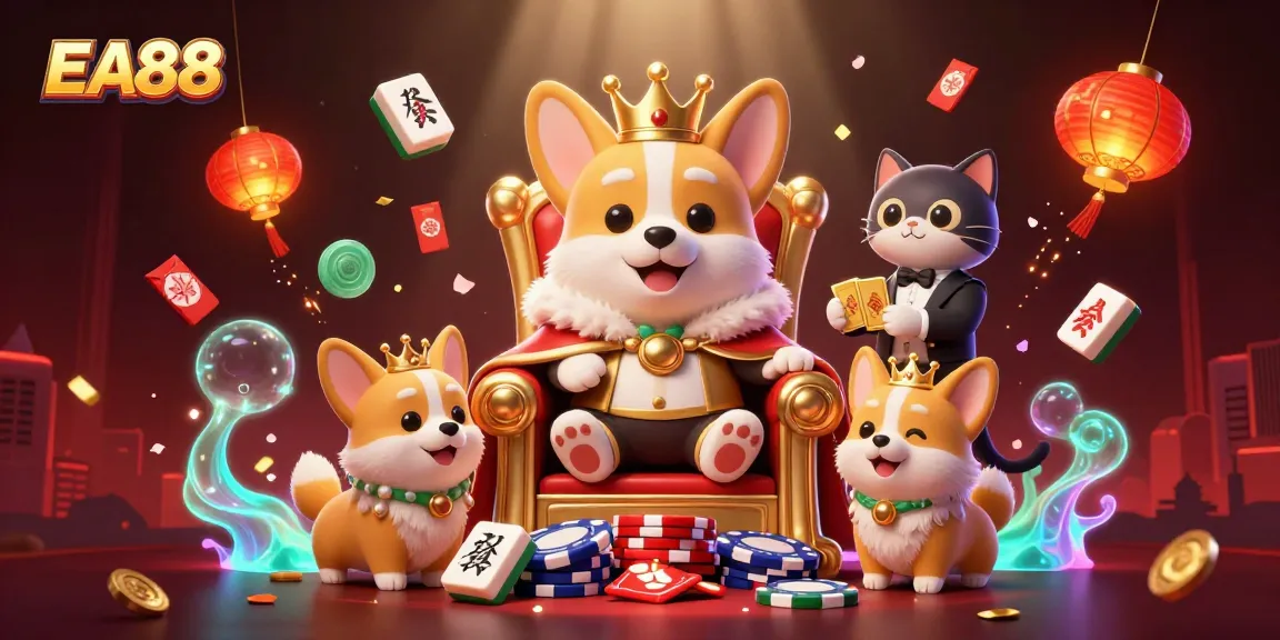 EA88 delivers an extravagant casino experience with a royal corgi on a throne of poker chips surrounded by vibrant gambling elements.