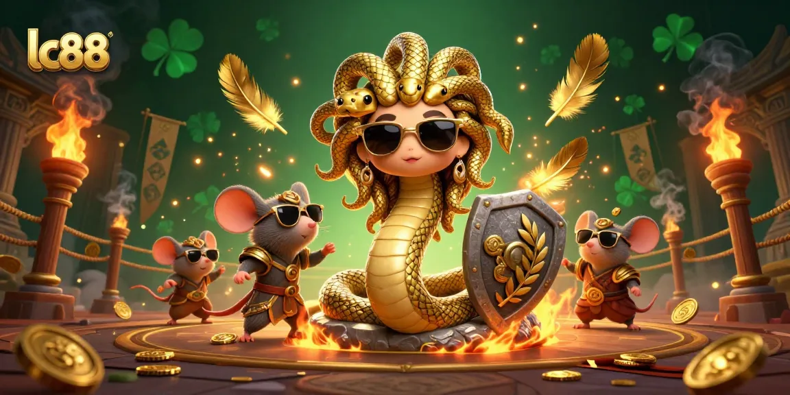 Experience thrilling wins at lc88 with a Medusa-themed vibrant casino gameplay illustration showcasing energetic characters and high-stakes gambling elements.