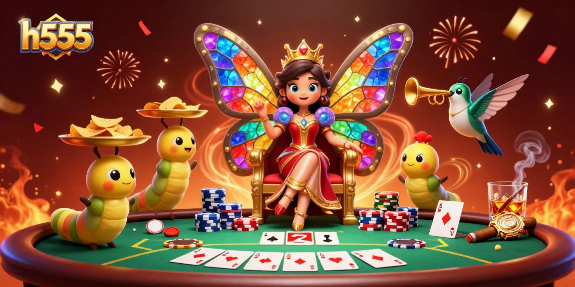 Engage in thrilling gameplay with H555’s dynamic poker scene showcasing colorful characters and exciting casino elements.